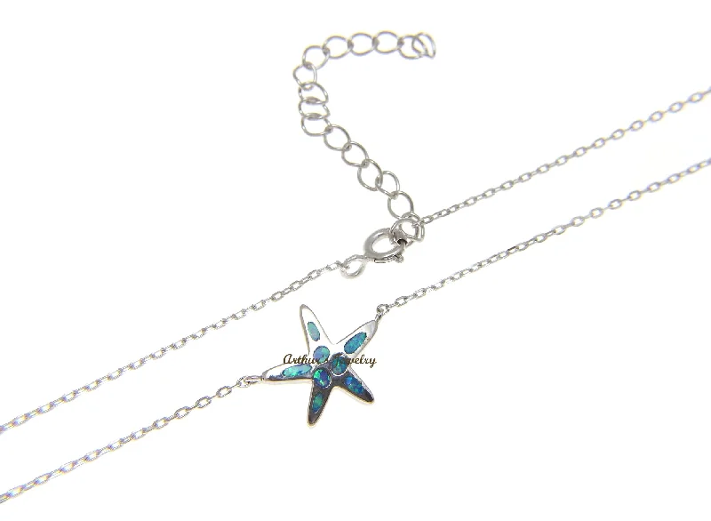 women’s layered gold necklaces -925 Silver Hawaiian Starfish Sea Star Blue Opal Necklace Chain Included 18"+2"