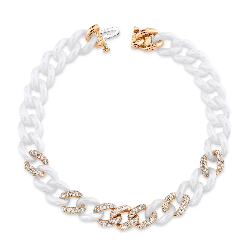 vintage-inspired bangles for women -READY TO SHIP DIAMOND 7 PAVE & WHITE CERAMIC MEDIUM LINK BRACELET