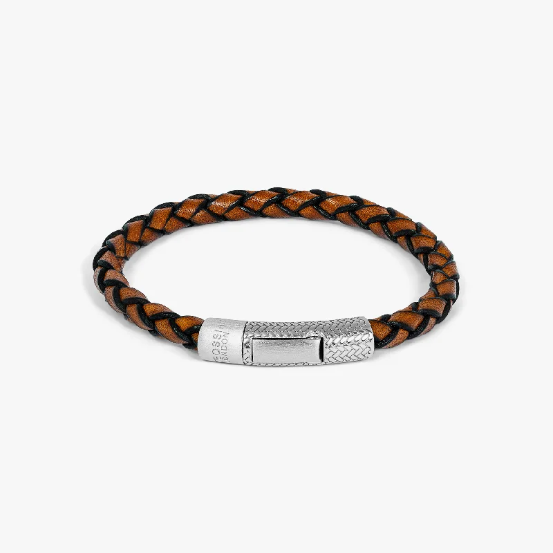 stackable bracelets for women -Herringbone Click Pelle Bracelet In Brown Leather With Rhodium Plated Silver