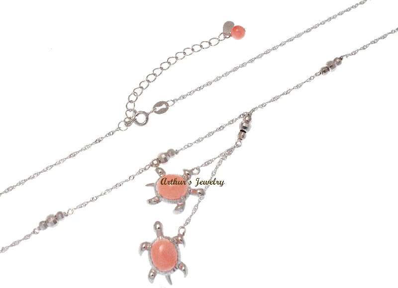 gemstone necklaces for women -GENUINE PINK CORAL HAWAIIAN SEA TURTLE LARIAT NECKLACE 925 STERLING SILVER 18"