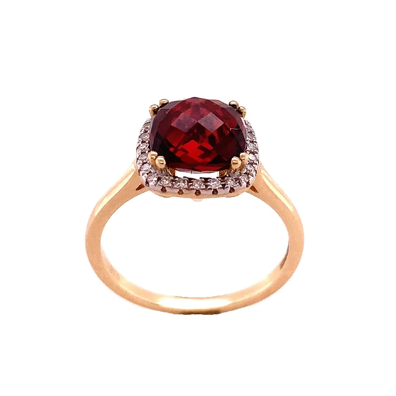 elegant gold wedding rings -9K Yellow Gold Garnet and Diamond Halo Ring