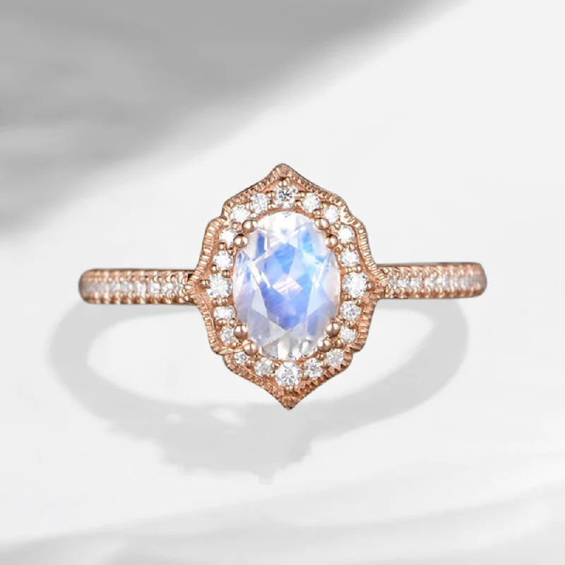 luxury diamond solitaire engagement rings -Vintage Oval Moonstone Engagement Ring