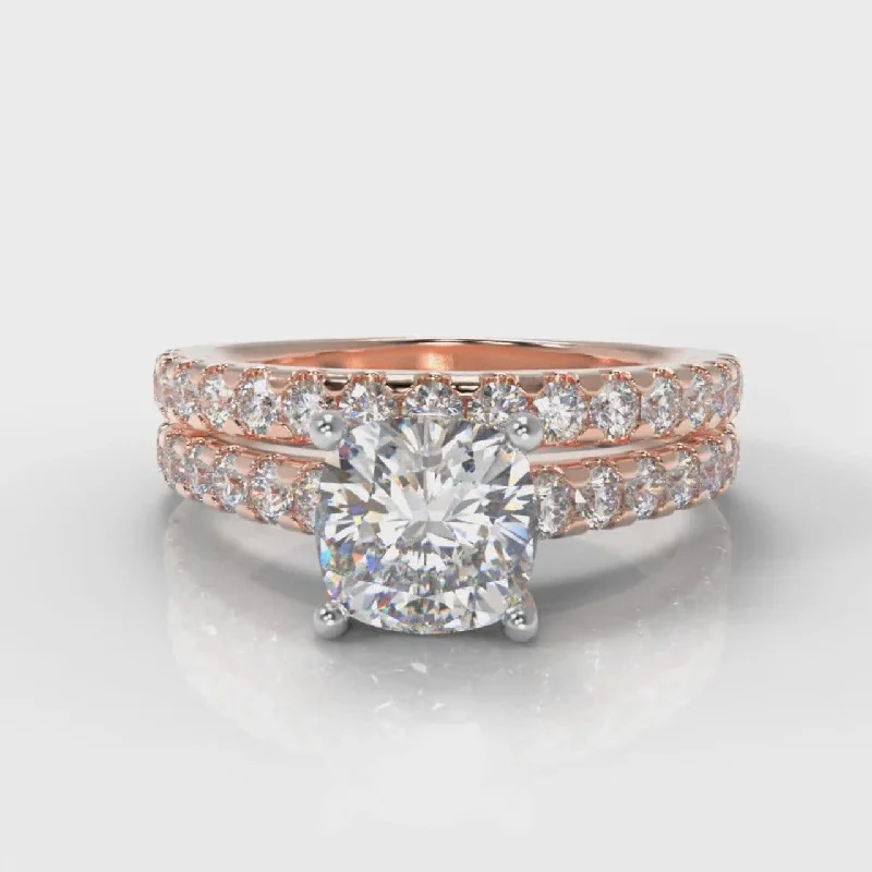 large gemstone rings for women -Carrée Micropavé Cushion Cut Diamond Bridal Set - Rose Gold