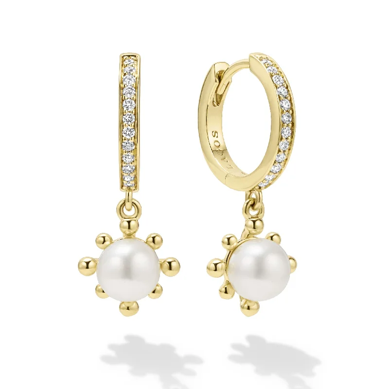 designer earrings for women -Luna 18K Gold Fleur Pearl Diamond Huggie Earrings