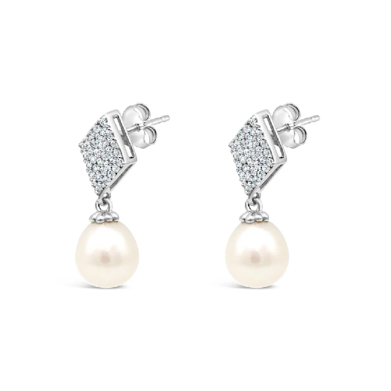 ear cuff earrings for women -DROPPING OVAL PEARL STUD SILVER EARRING