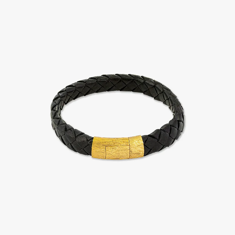 wedding bangles for brides -Graffiato Oval Leather Bracelet in Black with Yellow Gold Plated