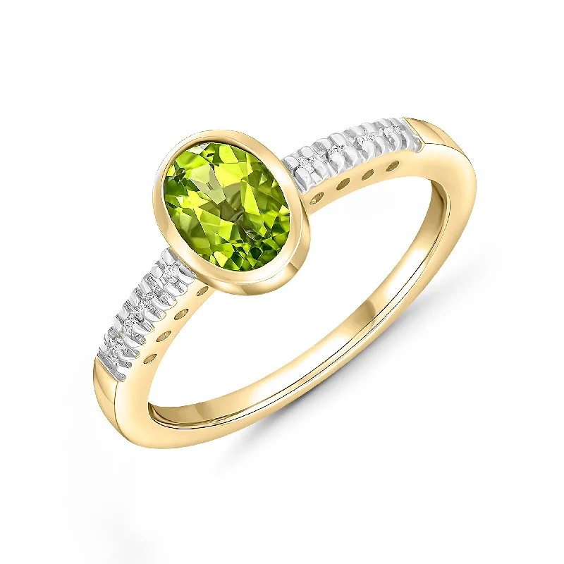 unique silver rings for women -9K Yellow Gold Peridot & Diamond Ring