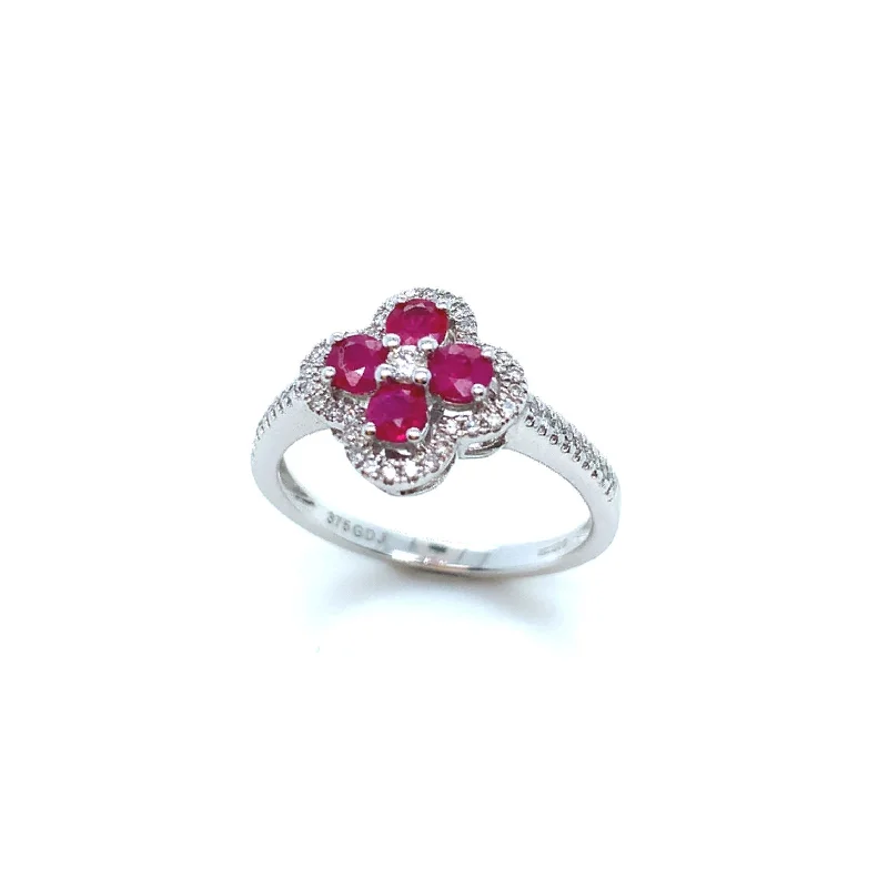 classic silver rings for women -9K White Gold Quatrefoil Diamond and Ruby Ring