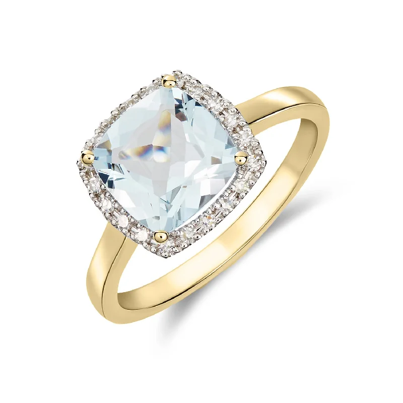 women’s silver stacking rings -9K Yellow Gold Cushion Aquamarine & Diamond Halo Ring