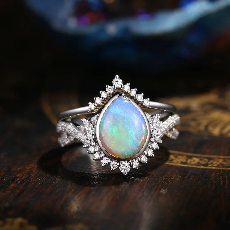 halo engagement rings for women -Crescent Moon | Unique Infinity Natural Opal Engagement Ring Set 2PCS - Blue Moonlight