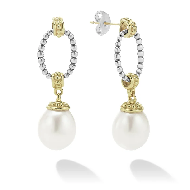 fancy earrings for women -Luna Two-Tone Oval Drop Pearl Earrings