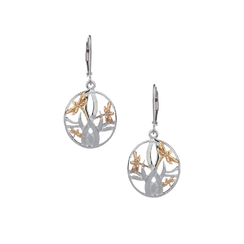 trendy ear climbers for women -Silver and 10k Gold Dragonfly In Reeds Earrings