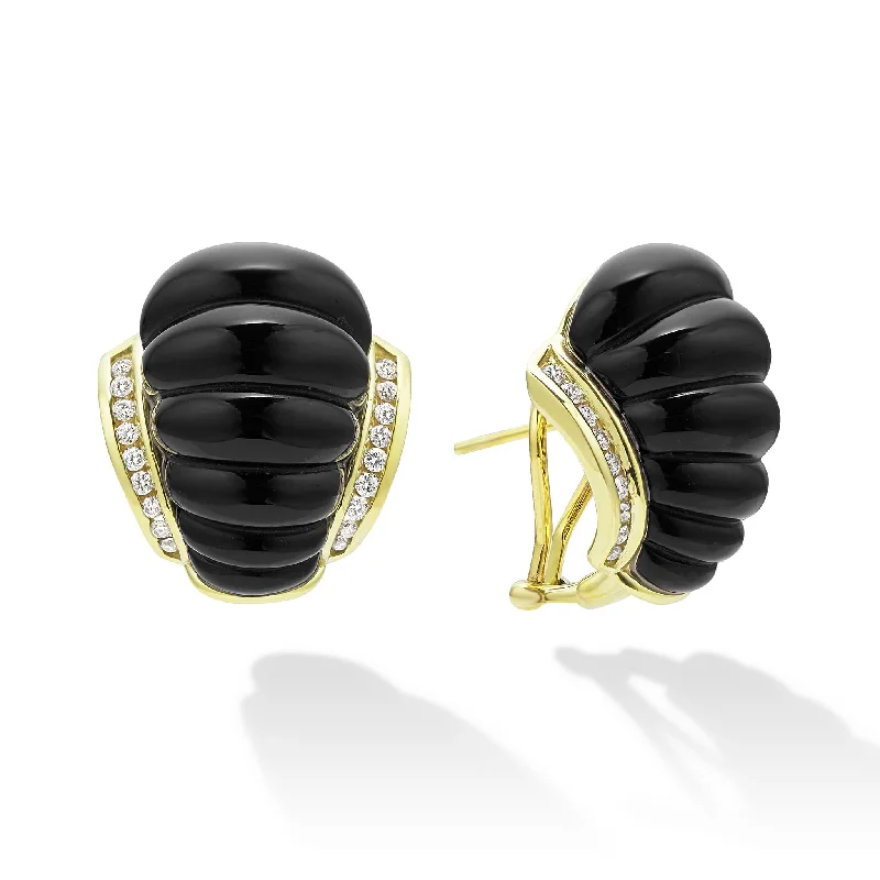 huggie earrings for women -Studio 18K Gold Fluted Onyx Diamond Earrings