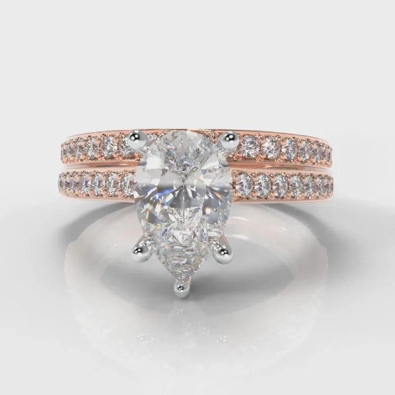 rings for special occasions -Pavé Pear Diamond Bridal Set - Rose Gold