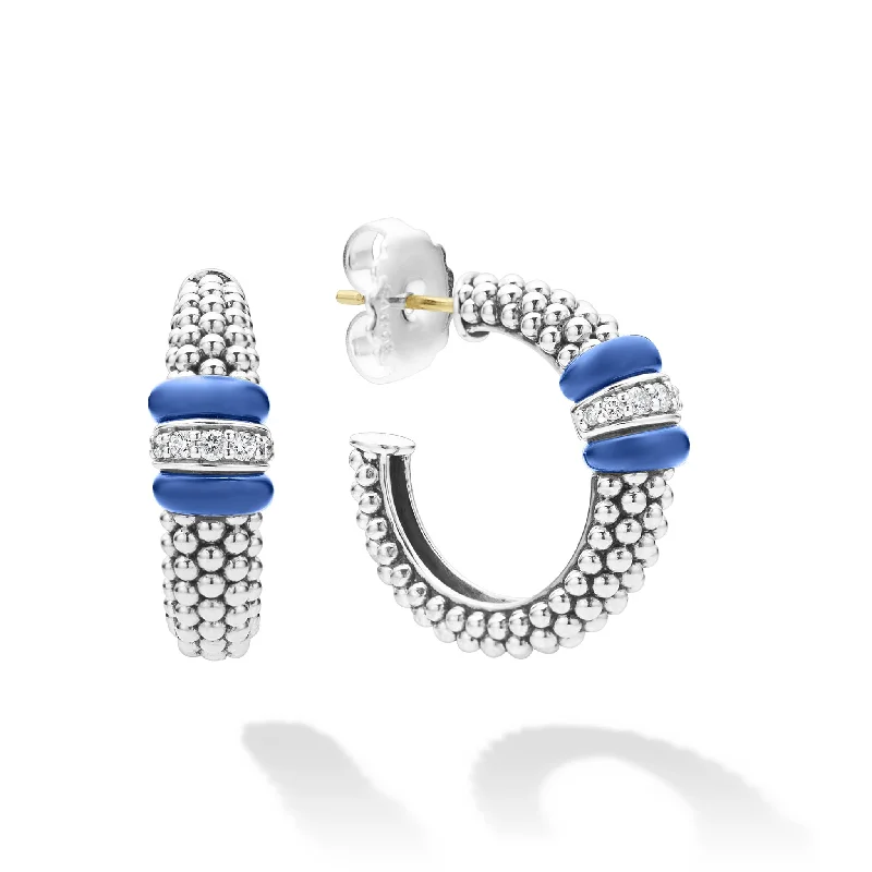 huggie earrings for women -Blue Caviar Ultramarine Ceramic Caviar Diamond Hoop Earrings