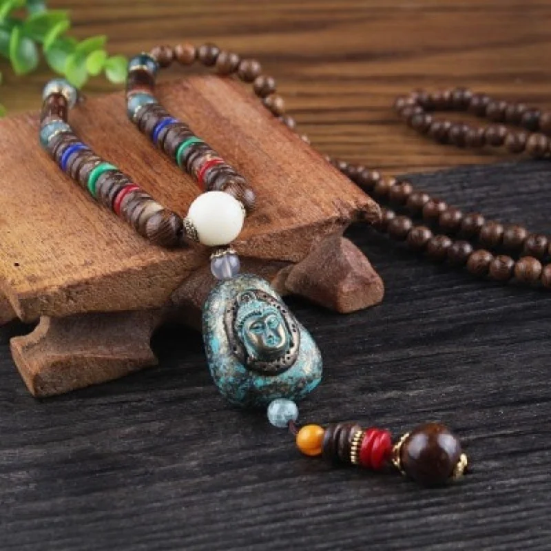 personalized birthstone necklaces for women -Ancient Buddha Mala Beads Necklace