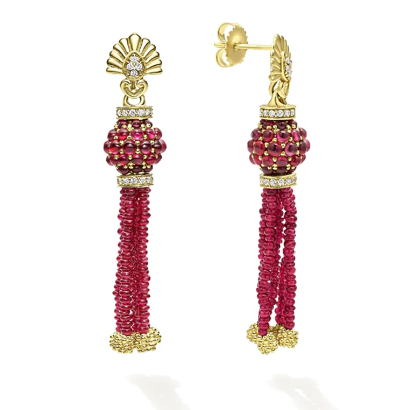 luxury diamond earrings -Studio 18K Gold Ruby and Diamond Tassel Drop Earrings