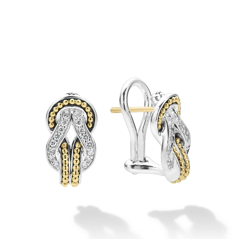 stylish crystal earrings for women -Newport Two-Tone Knot Diamond Huggie Earrings