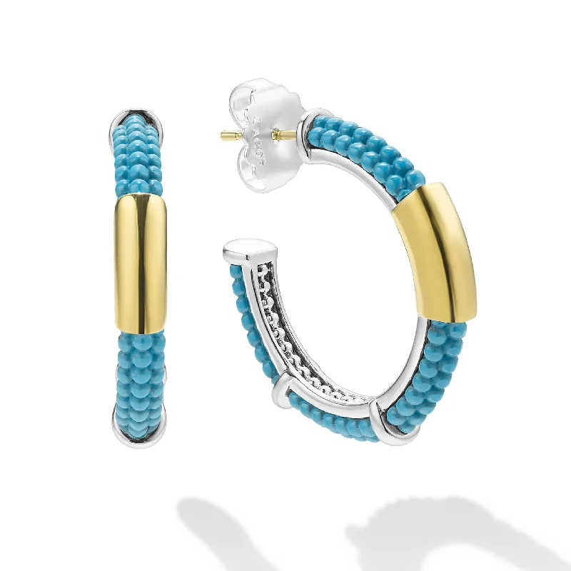 women’s chunky earrings -Blue Caviar 18K Gold and Blue Ceramic Hoop Earrings