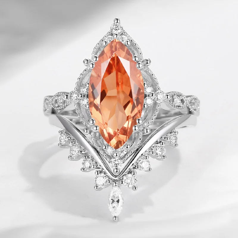 stylish engagement rings for women -2.5ct 18K Unique Marquise Sunstone Engagement Ring Set 2pcs