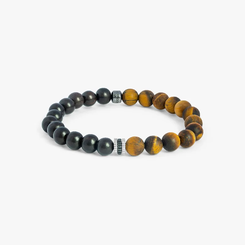 gemstone bangles for women -Gear Trio Beaded Bracelet In Rhodium Plated Silver With Ebony Wood & Brown Tiger Eye