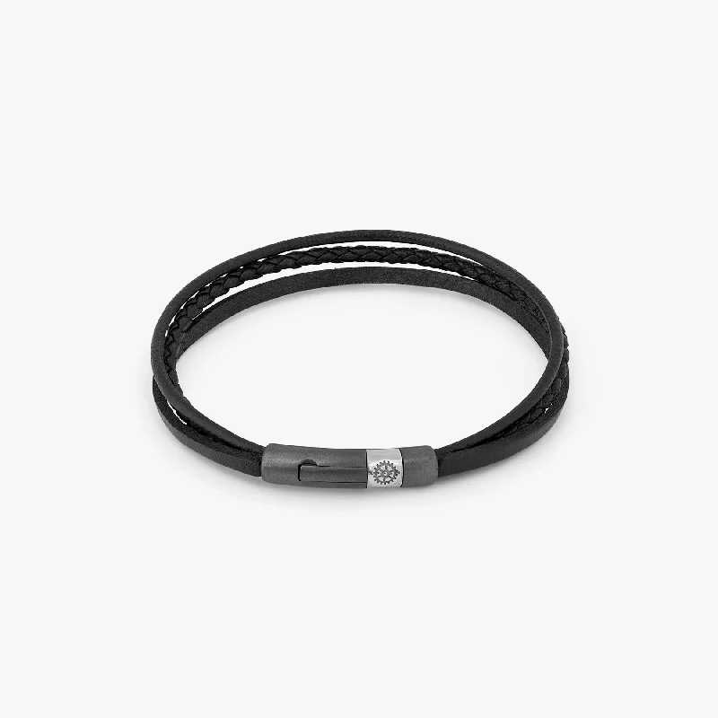 bohemian style bangles for women -Ruthenium plated sterling silver Gear Click bracelet with black leather