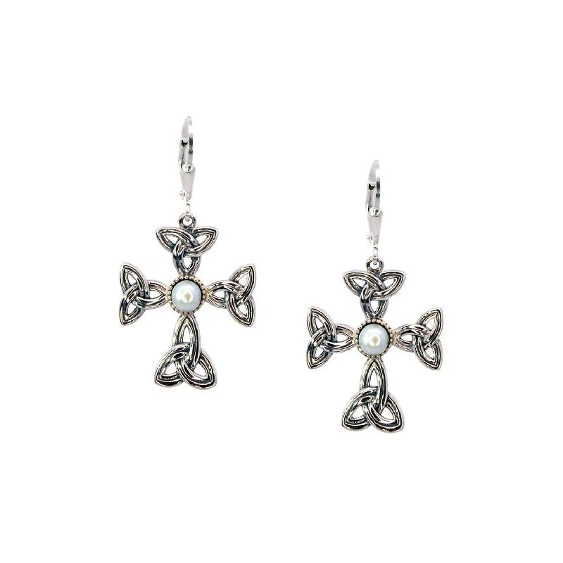 chic earrings for women -Silver and 10k Gold Aphrodite Cross Leverback Earrings - White Fresh Water Pearl