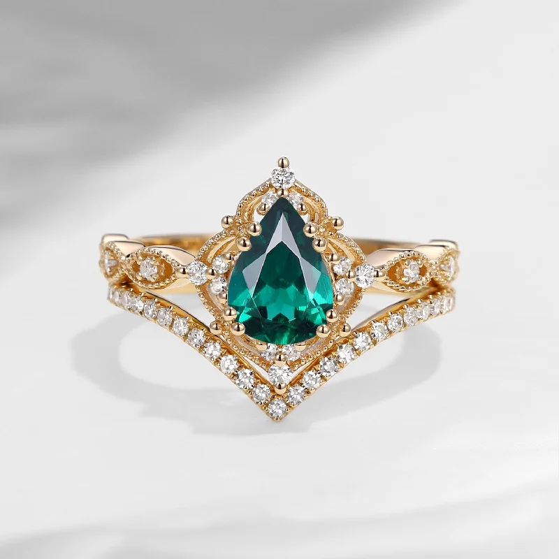 large solitaire engagement rings -1.5ct Pear Shaped Lab Emerald Engagement Ring Set 2pcs - Evelyn