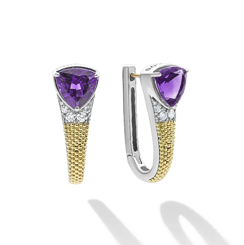 trendy dangling earrings -Caviar Color 18K Gold Diamond Amethyst Earrings