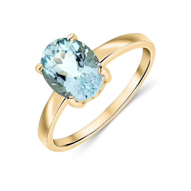 vintage-style engagement rings -9K Yellow Gold Oval Aquamarine Solitaire Ring