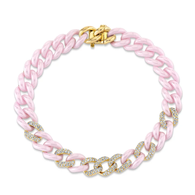 leather cuff bracelets -DIAMOND 7 PAVE & PINK CERAMIC MEDIUM LINK BRACELET