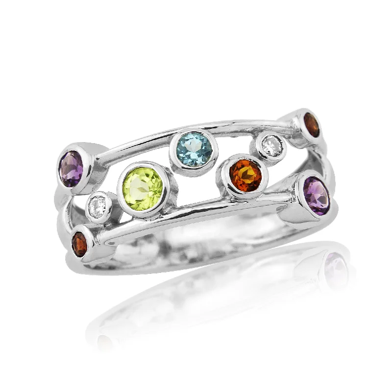 luxury fashion rings for women -9K White Gold Multi Gem & Diamond Bubble Ring