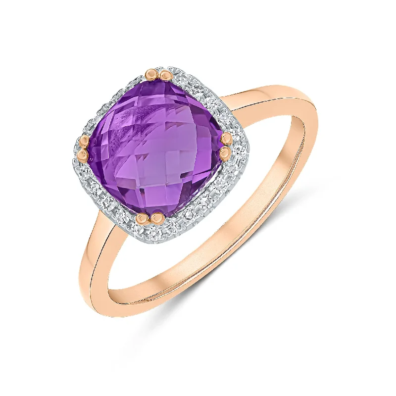 women’s solitaire diamond rings -9K Rose Gold Cushion Pink Amethyst & Diamond Halo Ring