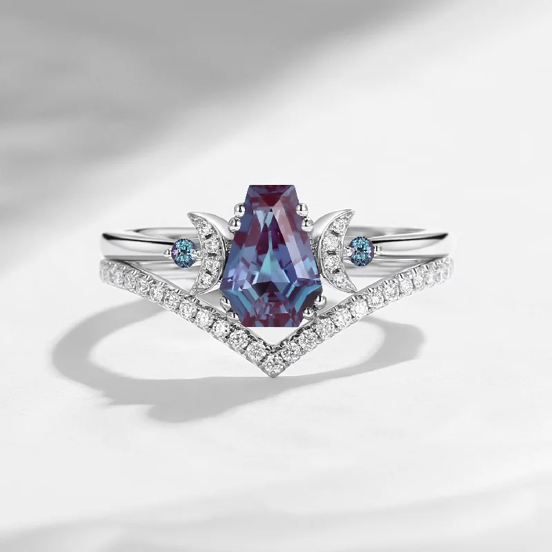 diamond wedding rings -Crescent Moon | Coffin Lab Alexandrite Classic Engagement Ring Set 2pcs