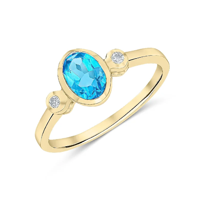 beautiful cocktail rings for women -9K Yellow Gold Oval Blue Topaz & Diamond Ring