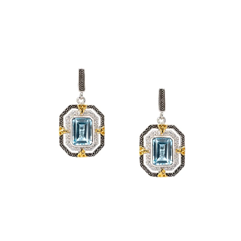 silver dangling earrings -Silver and 10k Gold Octagon Celestial Post Earrings - Sky Blue Topaz