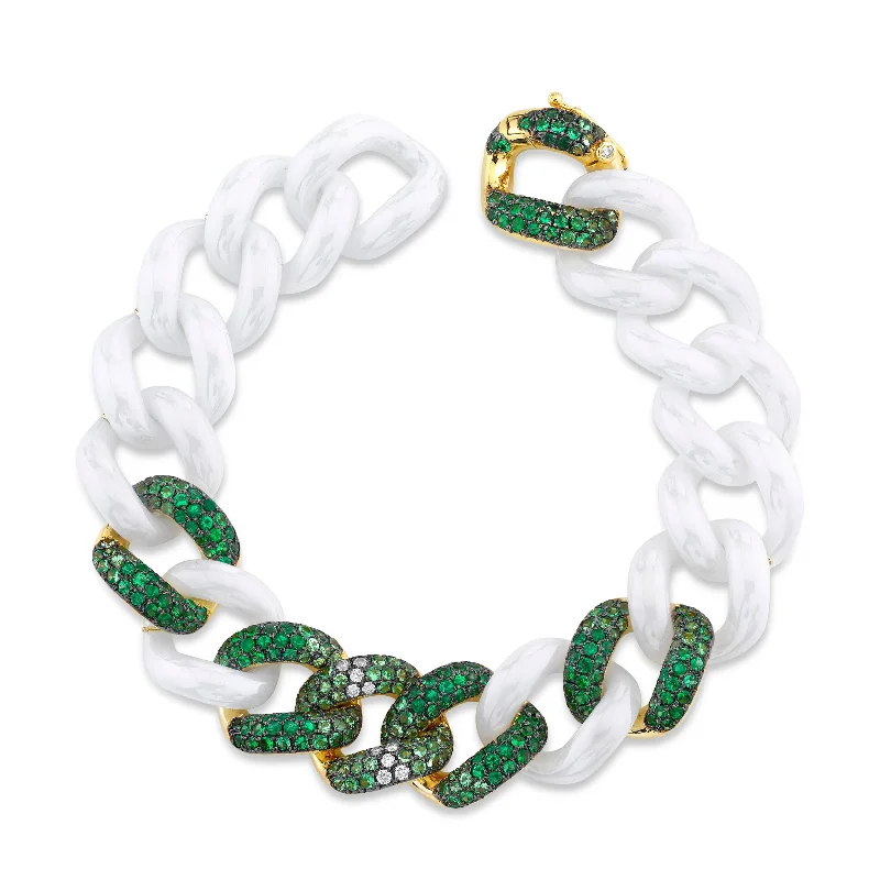 fashion forward bangles for women -GREEN OMBRE 6 PAVE WHITE CERAMIC JUMBO LINK BRACELET