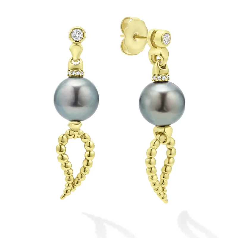 silver hoop earrings for women -Studio 18K Gold Black Tahition Pearl Drop Earrings