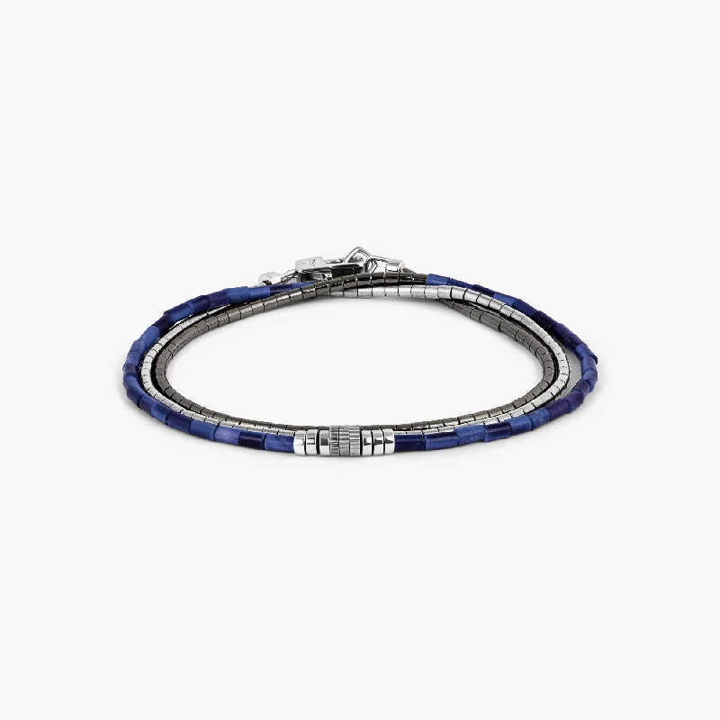 elegant gold bracelets for women -Navaho Triple Wrap Beaded Bracelet in Rhodium Plated Silver with Sodalite and Hematite