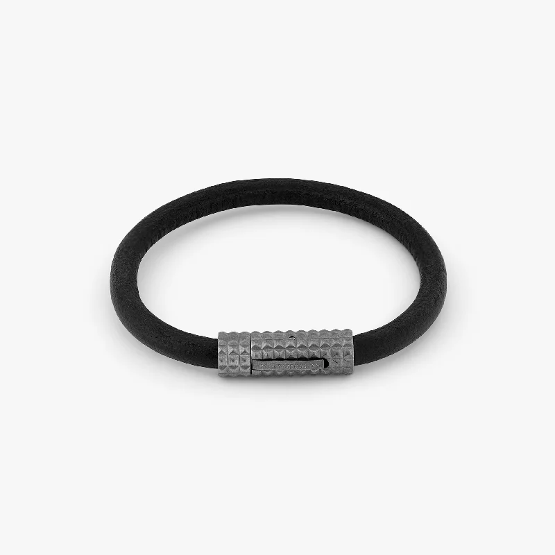 women’s bangles with charms -Diamond Giza Bracelet In Gunmetal Plated with Black Leather