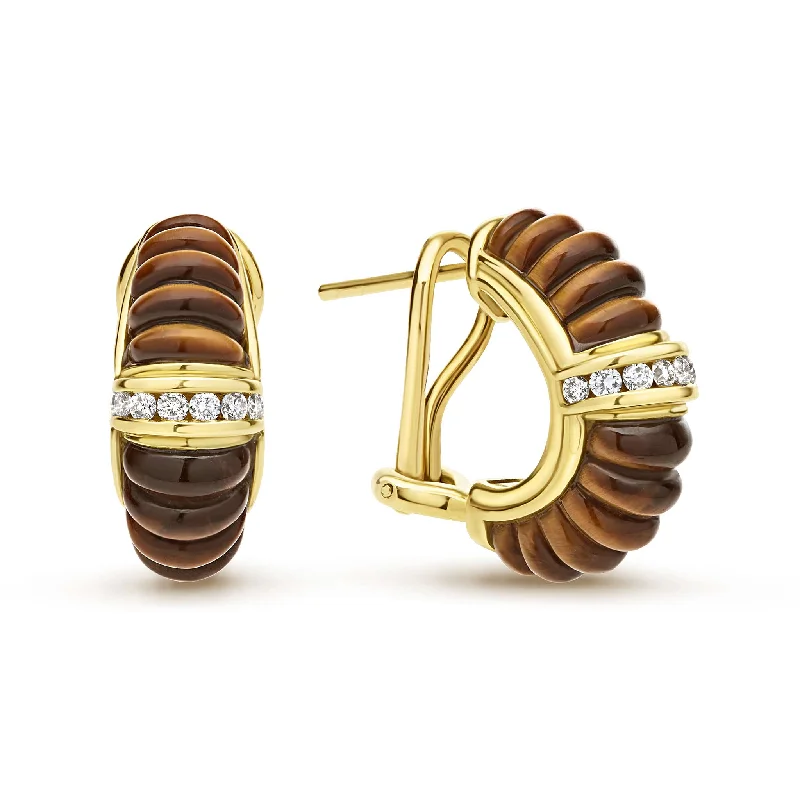 gold hoop earrings for women -Studio 18K Gold Fluted Tigers Eye Diamond Earrings