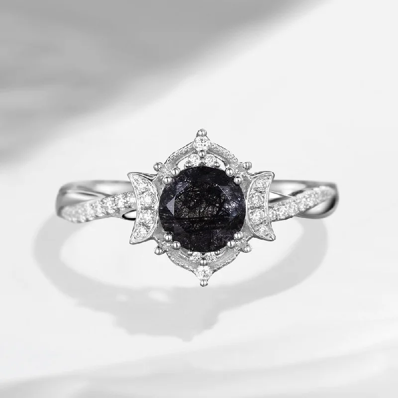 heart-shaped engagement rings -Crescent Moon | Round Cut Black Rutilated Quartz Moissanite Engagement Ring