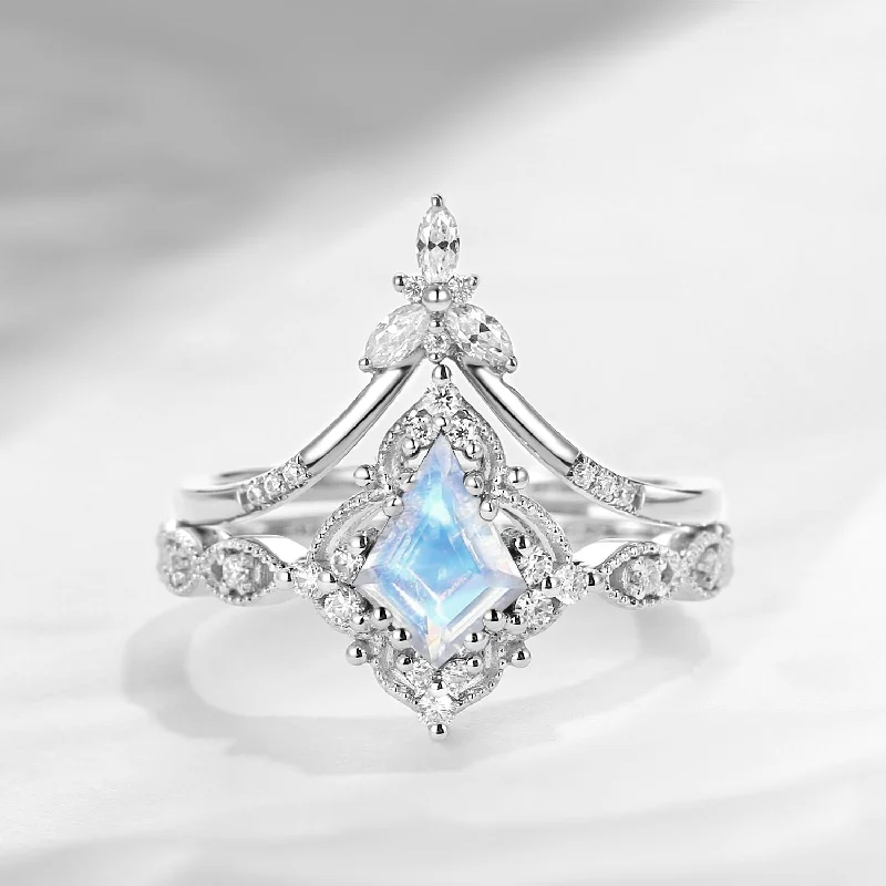 princess cut diamond engagement rings -Kite Cut Moonstone Vintage Inspired Engagement Ring Set 2pcs