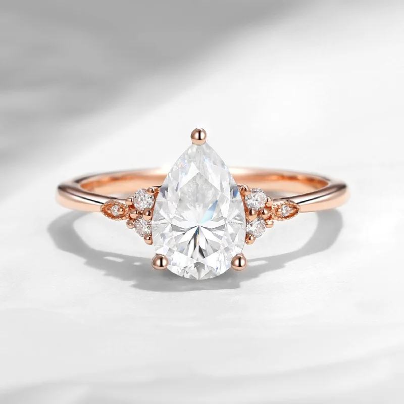 custom engagement rings for women -1.5ct Pear Cut Vintage Cluster Moissanite Engagement Ring