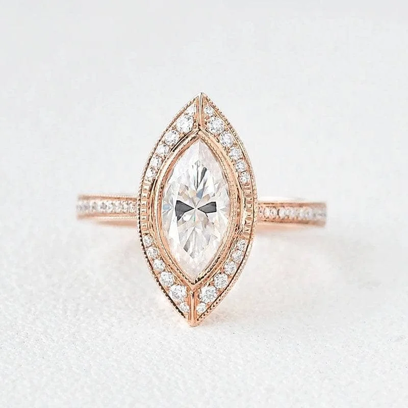 platinum diamond engagement rings -14k Rose Gold Marquise Cut Vintage Diamond Engagement Ring