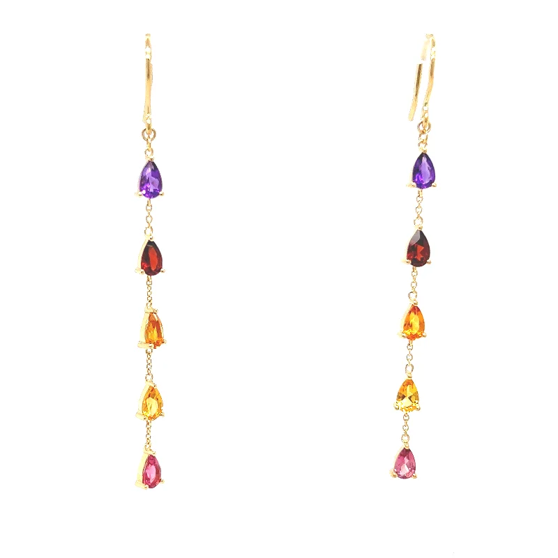 gold hoop earrings for women -Rainbow Gemstones Pear Shape Long Drop Earrings