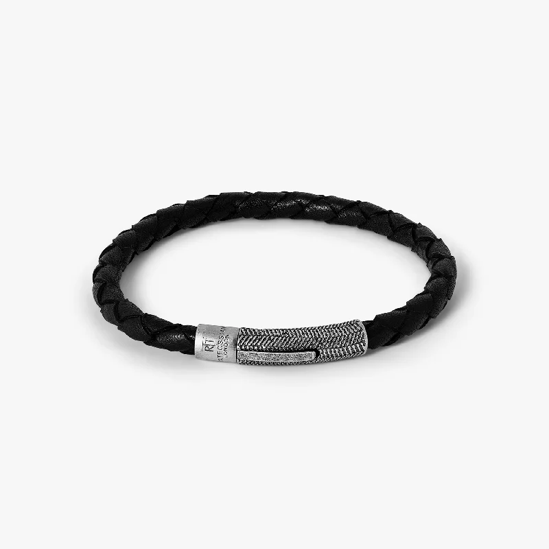 bohemian style bangles for women -Herringbone Leather Bracelet In Black With Stainless Steel