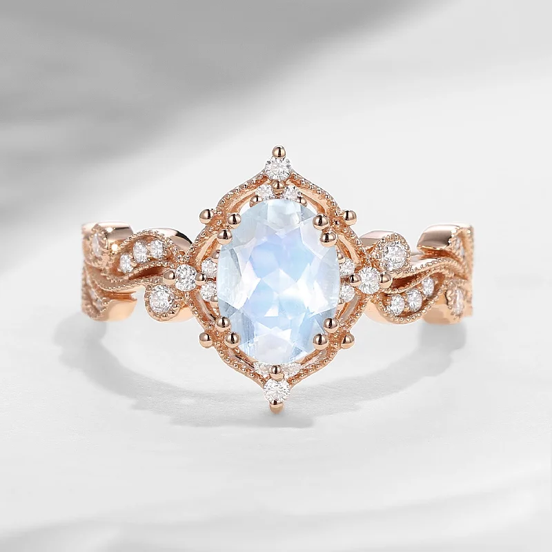 stackable engagement rings -Unique Oval Cut Vine Moonstone Art Deco Engagement Ring