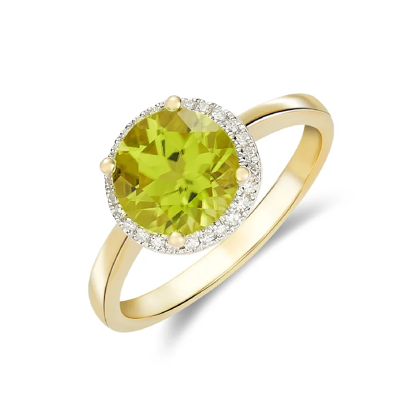 women’s engagement rings with diamonds -9K Yellow Gold Round Peridot & Diamond Halo Ring