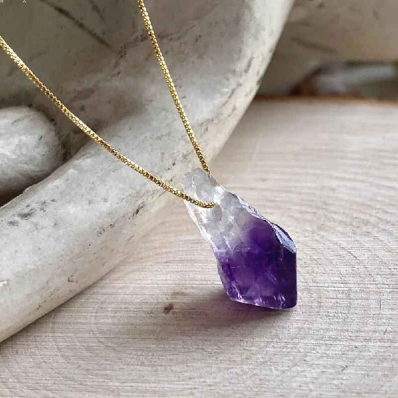 diamond heart necklaces for women -Raw Amethyst Purple Crystal Necklace With Golden Chain